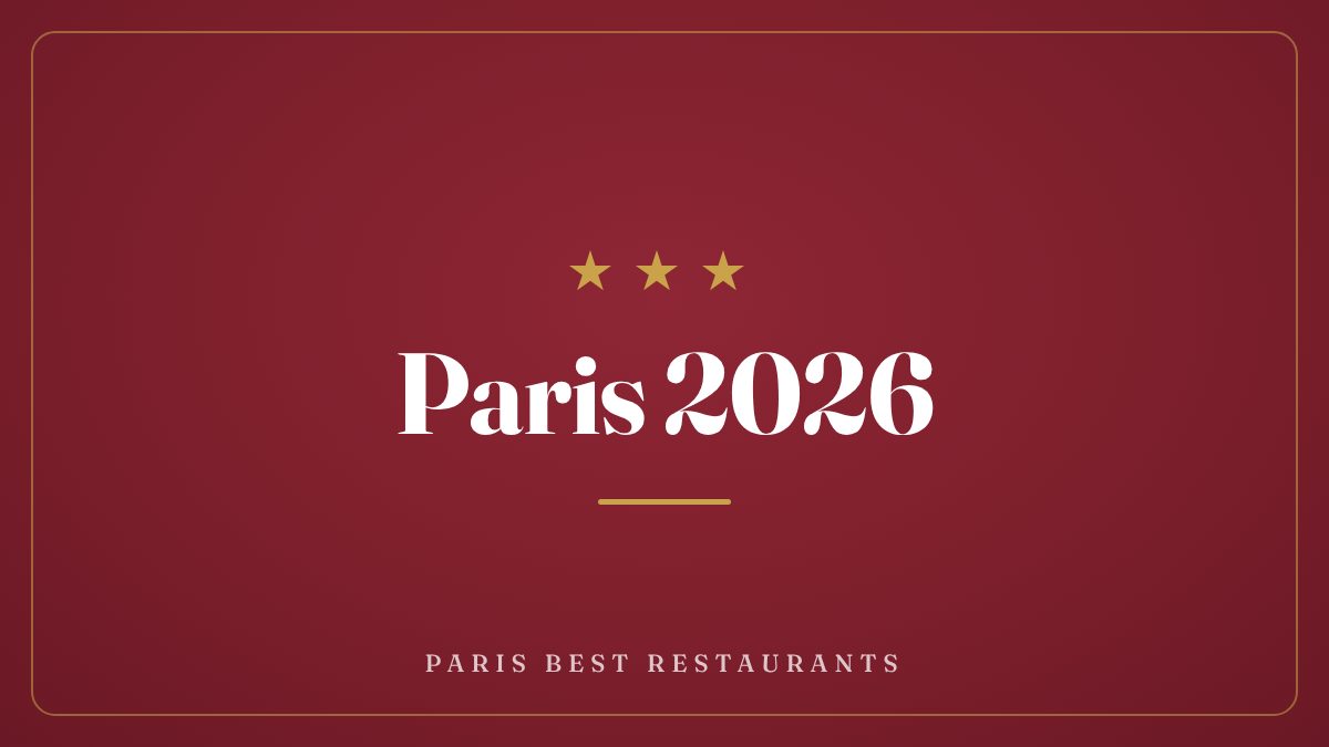 Three gold stars and the words Paris 2026 on a burgundy background